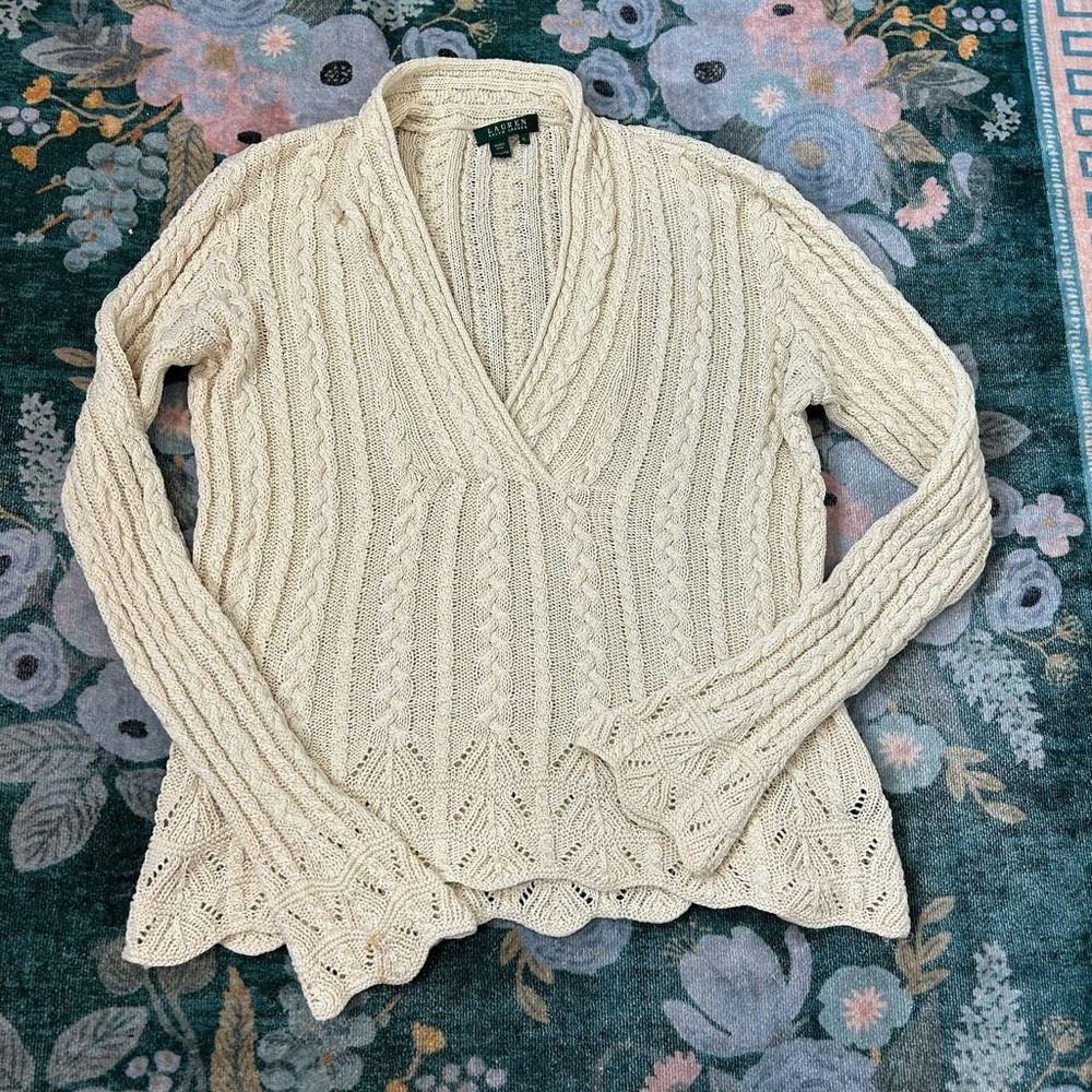 Ralph Lauren Womens Cable Knit Shawl V Neck Sweater XL Cream Ivory Cotton - Picture 12 of 12
